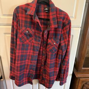 O’Neill Men’s Red Black Plaid Fleece Shirt Jacket Snap Front Size Large Shacket